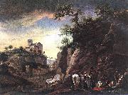 Philips Wouwerman, Rocky Landscape with resting Travellers